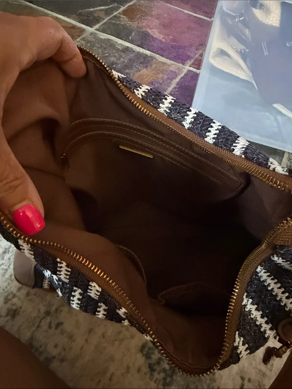 Steve Madden Black & White Striped Hobo with Brown Trim and Gold Accents